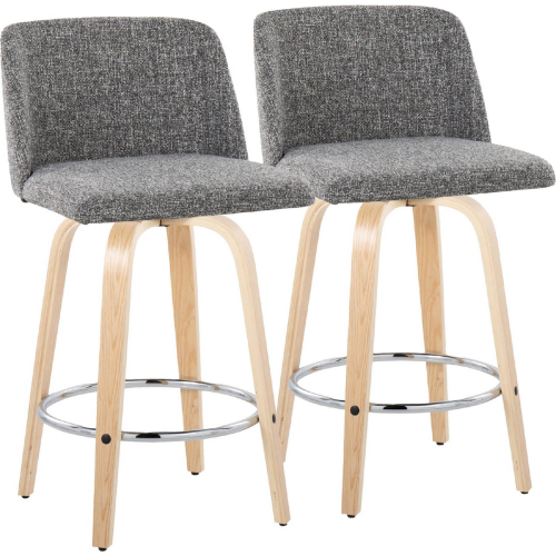 Toriano 26" Swivel Counter Stool in Natural Wood & Grey Noise Fabric with Chrome Footrest (Set of 2)